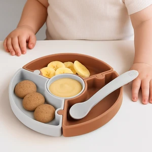 Meleni Baby Puzzle Mama Tabağı Kaşık Seti - Silikon Vakum Tabanlı Yapboz Mama Tabağı Silikon Kaşık - Kahve Gri