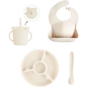 Meleni Baby 4'lü Silikon Beslenme Seti - Yapboz Puzzle Mama Tabağı Önlük Pipetli Bardak Diş Kaşıyıcı Kaşık Bej