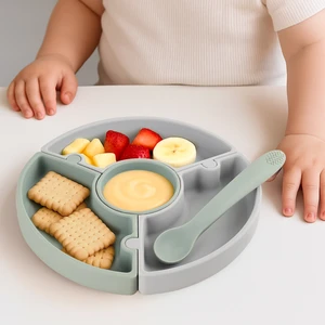 Meleni Baby Puzzle Mama Tabağı Kaşık Seti - Silikon Vakum Tabanlı Yapboz Mama Tabağı Silikon Kaşık - Gri Yeşil