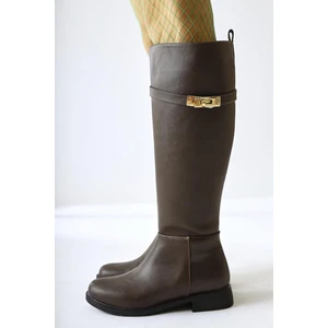 Kanako Kahve Aksesuarlı Fermuarlı Kısa Topuklu Çizme