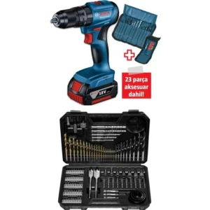 Professional GSB 185-Li 2.0 Ah Tek Akülü Kömürsüz Motor Darbeli Matkap + 23 Parça Aksesuar Set - 06019K3102 + Bosch V-Line Matkap & Vidalama Karışık Aksesuar Seti 103 Parça - 2607017367