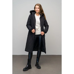Çıkabilir Kürklü Kapüşonlu Ribana Detaylı Kapitone Mont Siyah 6621