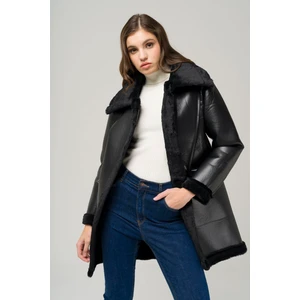 Kadın Siyah Fermuar Kapamalı Deri Mont Kalın Astar Basic Siluete Sahip