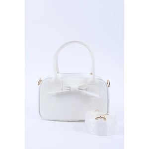 Beyaz Shk217 Fiyonklu Suni Deri, Tek Bölmeli, Fermuarlı,Kolon Askılı, El, Kol Ve Omuz Çantası