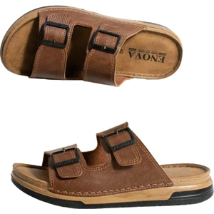 Enova Erkek Suni Deri Ortopedik Çift Monta Taban Ayarlı Tokalı Dikişli Şık Ev Dışarı Terliği