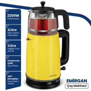 Emirgan 2200W Cam Demlikli Paslanmaz Çelik Çay Makinesi ve Su Isıtıcısı