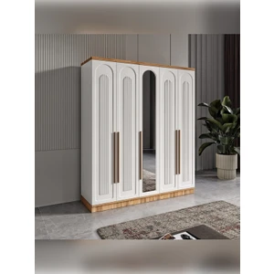5 Kapaklı Aynalı Komple Mdf Desenli Modern Beyaz Gardırop