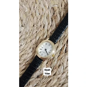 Zarif Tasarım Retro Vintage Kadın Kol Saati Oval Gold Kasa Siyah Renk 0014
