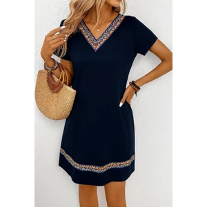 Nidam Butik Kadın Kısa Kollu V Yakalı Etnik Desen Şerit Detaylı Viskon Elbise