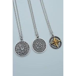 3'lü Viking Pusula Tılsım Kutup Yıldızlı Pusula Gümüş Kaplama Kolye Seti