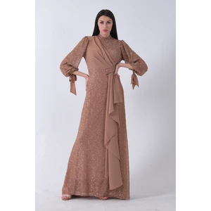 Gold Bisiklet Yaka Boncuk Işlemeli Büyük Beden Tesettür Abiye 6502501.122