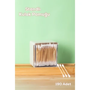 3134 Doğal Ahşap Bambu Saplı Standlı Kulak Temizleme Çubuğu Seti- 190 Adet