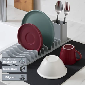 Su Emici Matlı Tezgah Üstü Büyük Boy 3 Parça Bulaşıklık Seti Kurutma Matı Gri