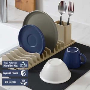 Su Emici Matlı Tezgah Üstü Büyük Boy 3 Parça Bulaşıklık Seti Kurutma Matı Bej