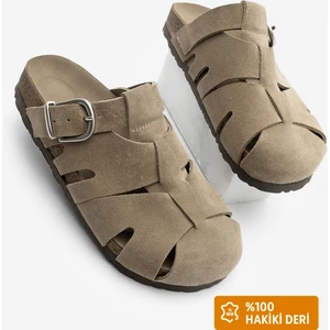 Kadın Hakiki Deri Önü Kapalı Günlük Süet Terlik Yolis Toprak Süet
