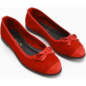 Hakiki Deri Alfreda Kırmızı Süet Deri Detalı Fiyonklu Kadın Babet