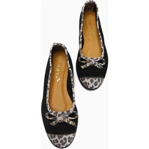 Hakiki Deri Alfreda Siyah Süet Leopar Detaylı Fiyonklu Kadın Babet