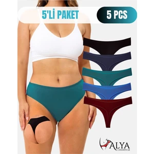 Alya Underwear Kadın Büyük Beden Tanga Pamuklu, Battal String, 5' Li Paket Siyah, Bordo, Koyu Yeşil, Indigo, Laci., M