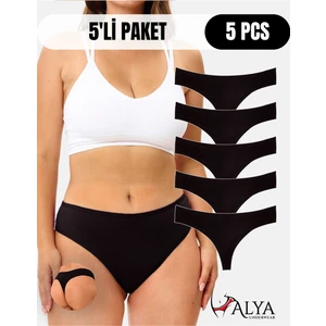 Alya Underwear Kadın Bato Tanga Pamuklu Külot, Büyük Beden, 5 Adet Siyah, L