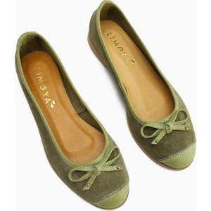 Hakiki Deri Alfreda Haki Süet Deri Detaylı Fiyonklu Kadın Babet