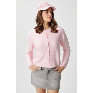 Kadın Hırka Kalın Örgü Kumaş Düz Desen Bisiklet Yaka Pembe