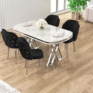 Zae Serisi 90X168 Lak Panel Beyaz Mermer Desen Krom Ayak Masa Takımı 4 Siyah Sandalye