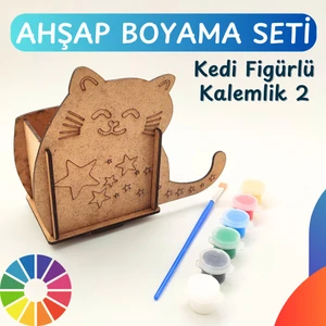 Montessori Ahşap Kedi Tasarımlı Kalemlik Boyama Seti – Kendin Yap Aktivite, Fırça ve Boya Dahil