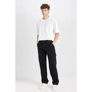 %100 Pamuk Wide Leg Fit Geniş Kalıp Normal Bel Geniş Paça Kargo Cepli Siyah Jean Pantolon B4638AX24AU