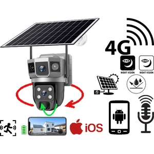 Sim Kartlı 4g 2 Kameralı Solar Panelli Güneş Enerjili Sirenli 4mp Dual Light Çift Kameralı V380 Pro App Kamera