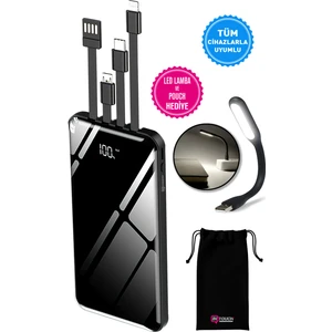 10.000 mAh Prime Dijital Göstergeli Dahili Çoklu Kablolu Powerbank Siyah
