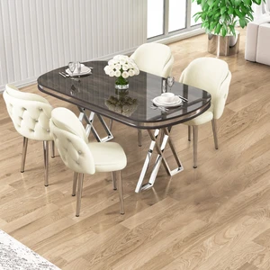 Zae Serisi 90X168 Lak Panel Antrasit Ironi Krom Ayak Masa Takımı 4 Krem  Sandalye