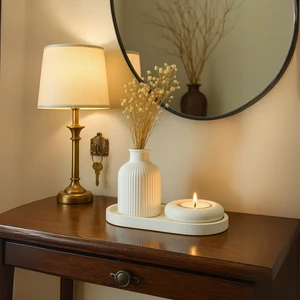 Seramik Vazo, Tealight Mumluk ve Dekoratif Tepsi Seti - Beyaz Minimal Tasarım
