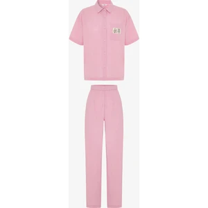 Lila Slogan Baskılı Gömlek Yakalı Pamuklu  Kısa Kollu Şortlu Pijama Takımı - Inspired by Flora