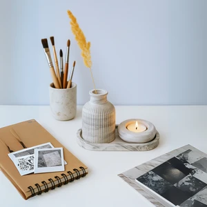 Nevhan Sanat Seramik Vazo, Tealight Mumluk ve Dekoratif Tepsi Seti - Beyaz Minimal Tasarım