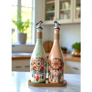 Mes Reves Design Özel Tasarım Düşkapanı Desenli Sunum Stantlı 2'li 750 ml Zeytinyağı Sıvıyağ Şişesi Yağdanlık Yağlık