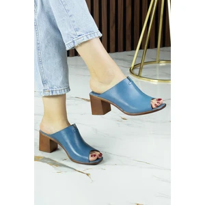 Erkan Saçmacı Valery Mavi Hakiki Dana Derisi Önü Açık Kalın Topuklu Terlik