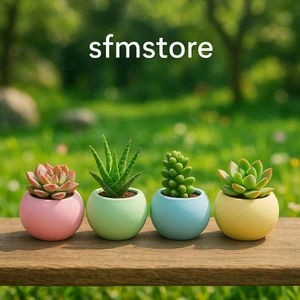 4’lü Renkli Seramik Saksıda Yapay Sukulent – 8x7,5 cm Dekoratif Masa Üstü Kalemlik & Mini Çiçek Seti