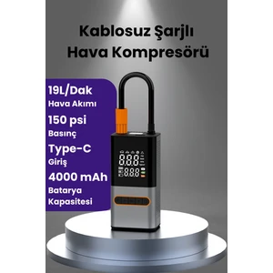 Şarjlı Hava Kompresörü 4000 Mah 4ın1 Şarjlı+Araç  Taşınabilir Araç Lastik Top Şişirme Pompası Oto