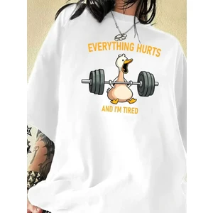 Baskılı Oversize Bisiklet Yaka T-Shirt - Beyaz