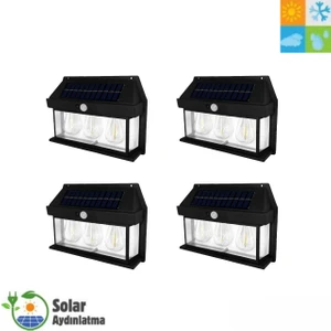 HB-500 Model 4'lü Paket Dekoratif Güneş Enerjili Bahçe 3 Adet LED Ampül Hareket Sensörlü Bahçe LED Su Geçirmez 3 Mod'lu Solar Duvar LED