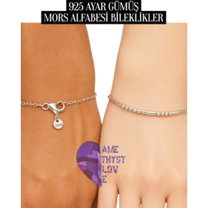 AMETHYST LOVE 925 Ayar Gümüş Mors Alfabesi Bileklik Zincir Çift Bilekliği Sevgili Bilekliği Zincir Mors Alfabe