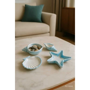 4'lü El Yapımı Dekoratif Deniz Kabuğu Seti – Mavi Beyaz Efektli Porselen Tozu Obje Takımı