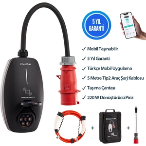Evwallbox 22KW V3 Türkçe Mobil Uygulama 5 Yıl Garanti, (5 METRE TİP2 ARAÇ ŞARJ KABLOSU, TAŞIMA ÇANTASI ve 220V DÖNÜŞTÜRÜCÜ ADAPTÖR DAHİL)