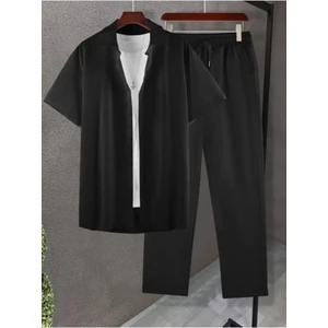 Erkek Siyah Kısa Kollu Gömlek ve Pantolon Bürümcük Krinkıl Takım