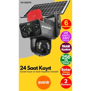  AV-S427H Solar Smart Güvenlik Kamerası 4g Sim 6mp 2 Kameralı E sim  Ptz Renkli Gece Görüş Dış Mekan