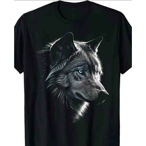 Mavi Gözlü Kurt Baskılı Özel Tasarım Oversize Tshirt