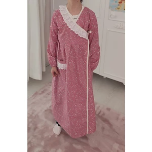 Kız Çocuk Pembe Çiçekli Namaz Elbisesi  % 100 Pamuklu Poplin Kumaş 3-14 Yaş