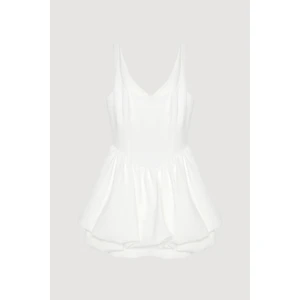 Balen Detaylı Volanlı Mini Elbise Ekru