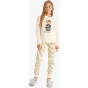 Kız Çocuk Pijama Takımı Baskılı Uzun Kollu Üst Çizgili Uzun Alt