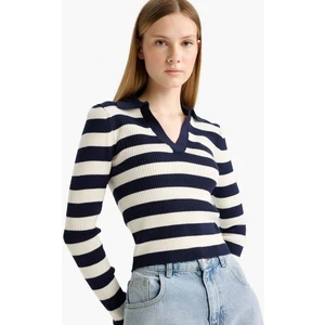 Slim Fit Dar Kesim Polo Yaka Çizgili Triko Kazak A2060AX25WN